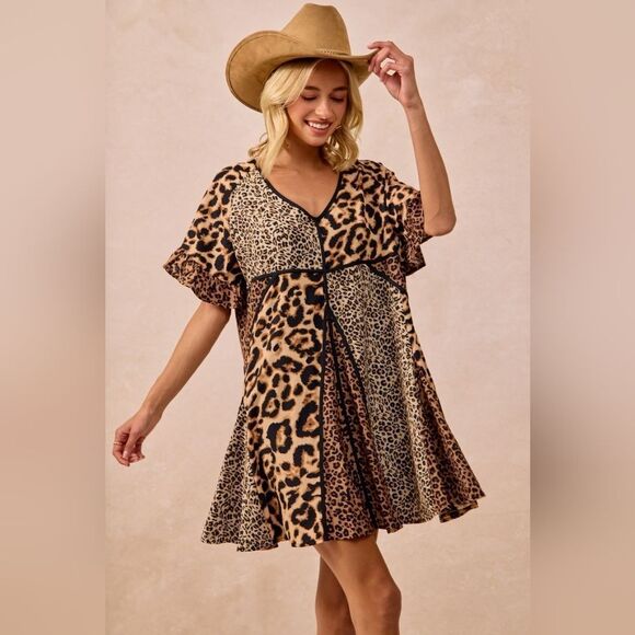 BiBi Leopard Prints Mix Short Ruffle Sleeves Dress  Sz Sm Md Lg XL - Picture 1 of 16